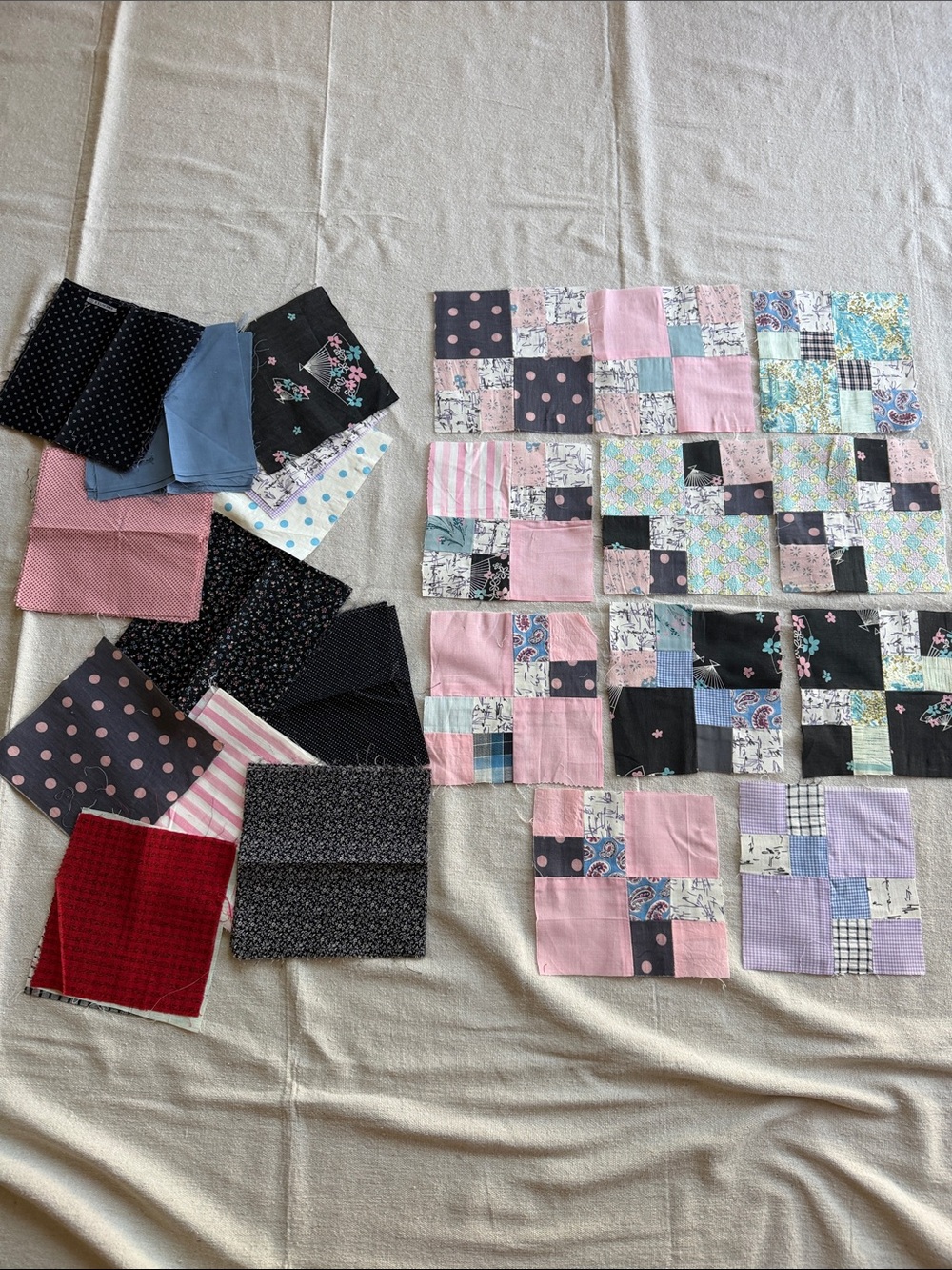 Unfinished small patchwork quilt blocks and Assorted Fabric Squares.
